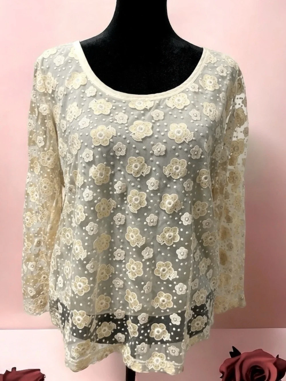 Anthropology Floral Pattern Long Sleeve Beige Blouse Lightweight  lining size M